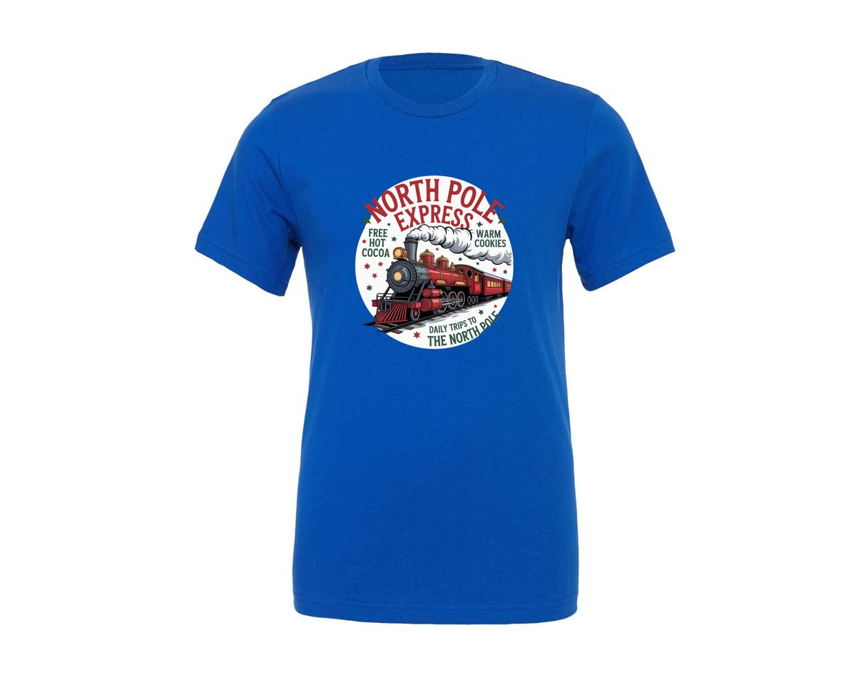 brand:Generic|color:True Royal Blue|Retro North Pole Train Christmas Graphic T-Shirt