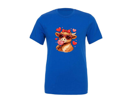 brand:Generic|color:True Royal Blue|Funny Valentine Highland Cow Love Graphic T-Shirt