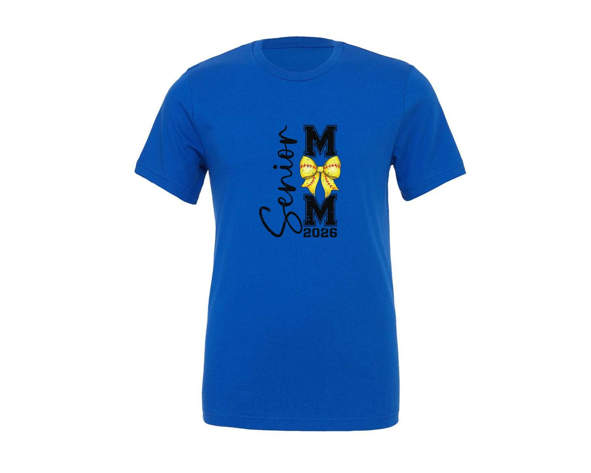 brand:Generic|color:True Royal Blue|2026 Senior Softball Mom Coquette Bow Graphic T-Shirt