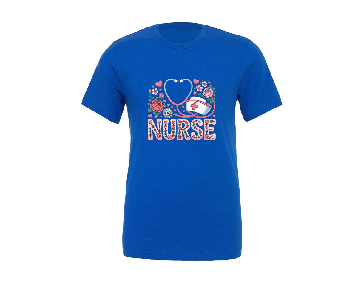 brand:Generic|color:True Royal Blue|Floral Stethoscope Medical Love T Shirt Graphic T-Shirt