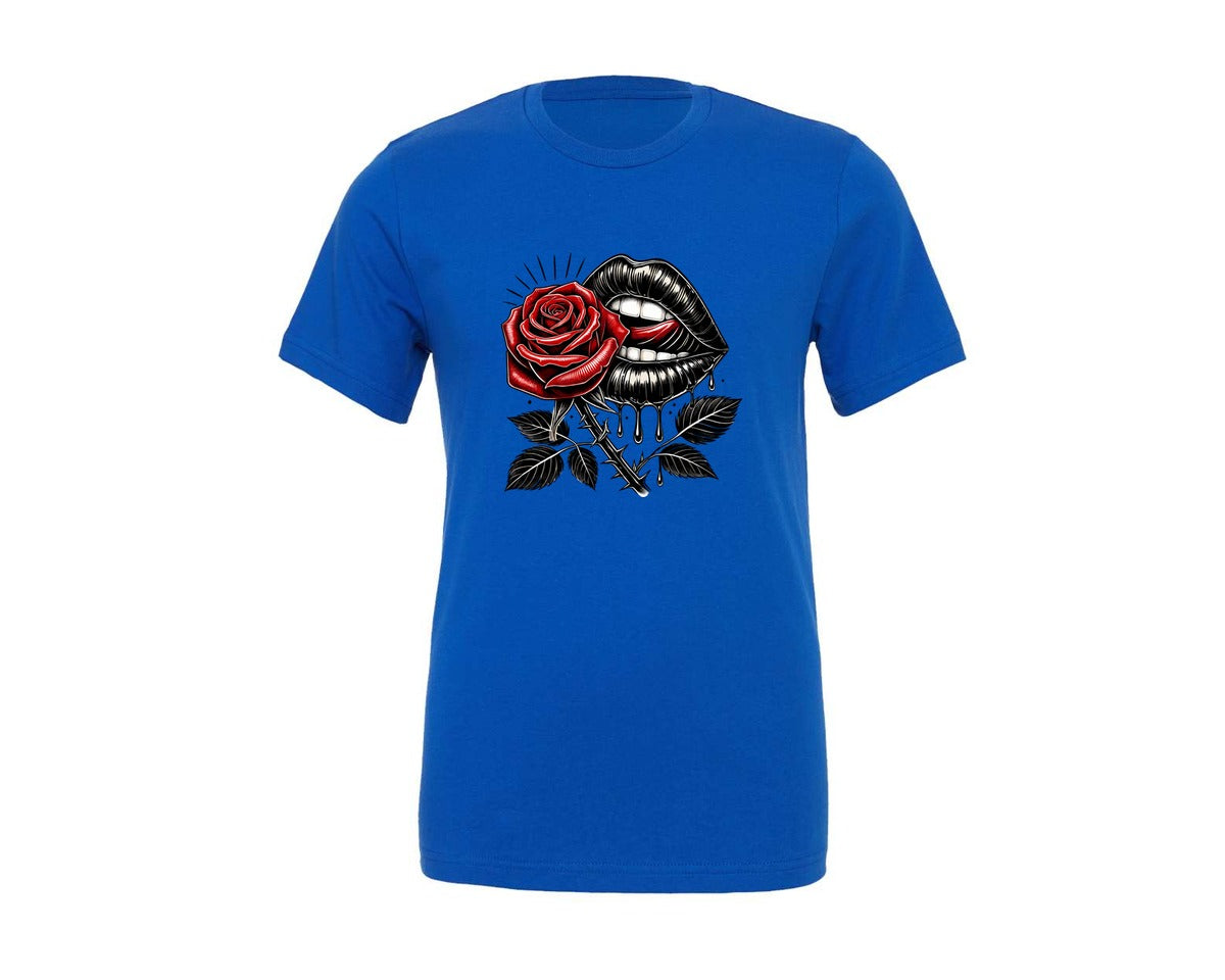 brand:Generic|color:True Royal Blue|Lips Rose Black Theme Skull Art Tattoo Graphic T-Shirt