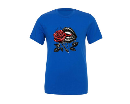 brand:Generic|color:True Royal Blue|Lips Rose Black Theme Skull Art Tattoo Graphic T-Shirt