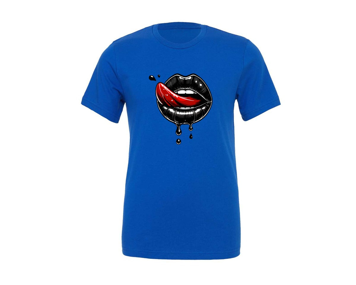 brand:Generic|color:True Royal Blue|Black Lips With Red Tongue Drips Graphic T-Shirt