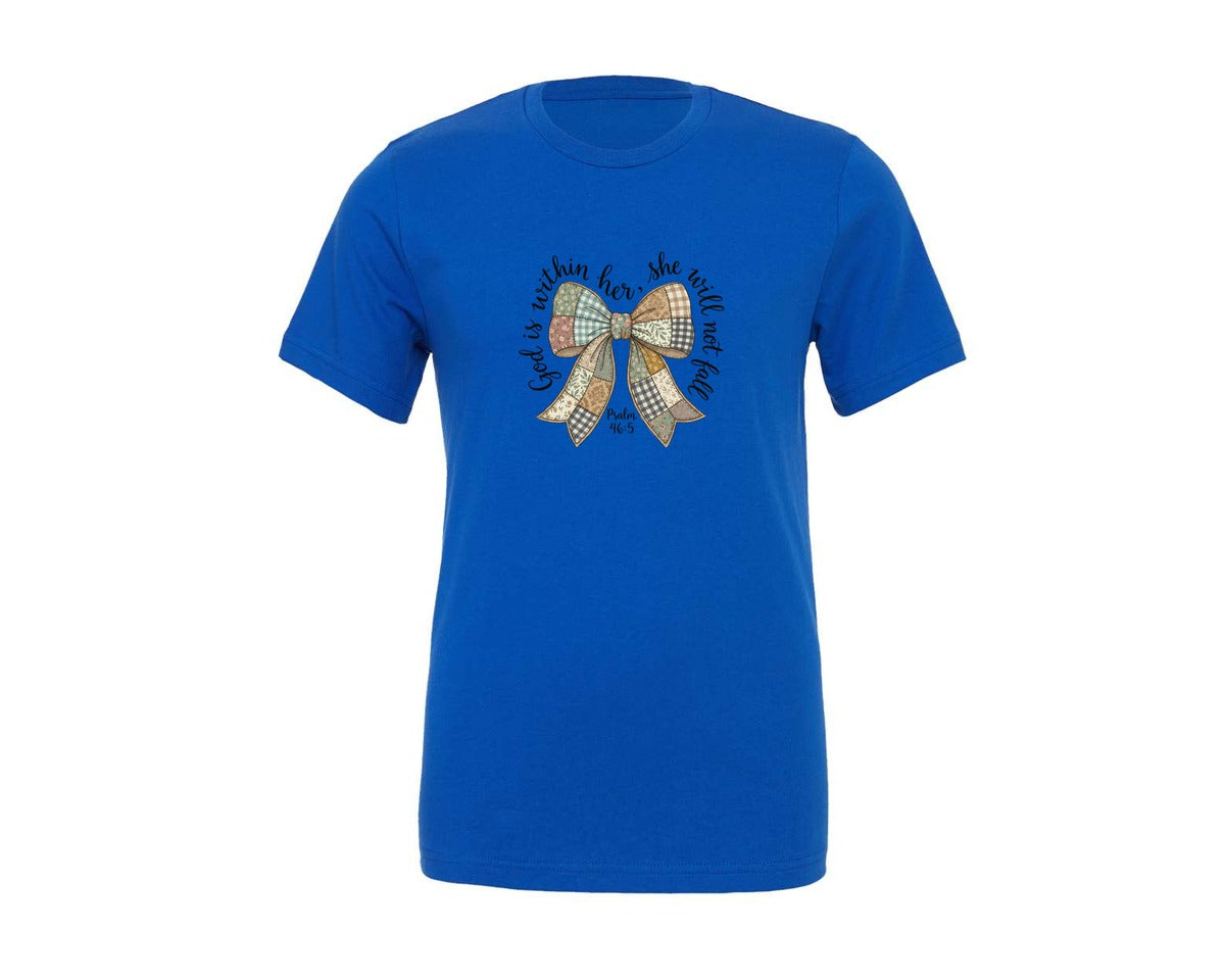 brand:Generic|color:True Royal Blue|God Is Within Her Psalm 465 Bow Graphic T-Shirt