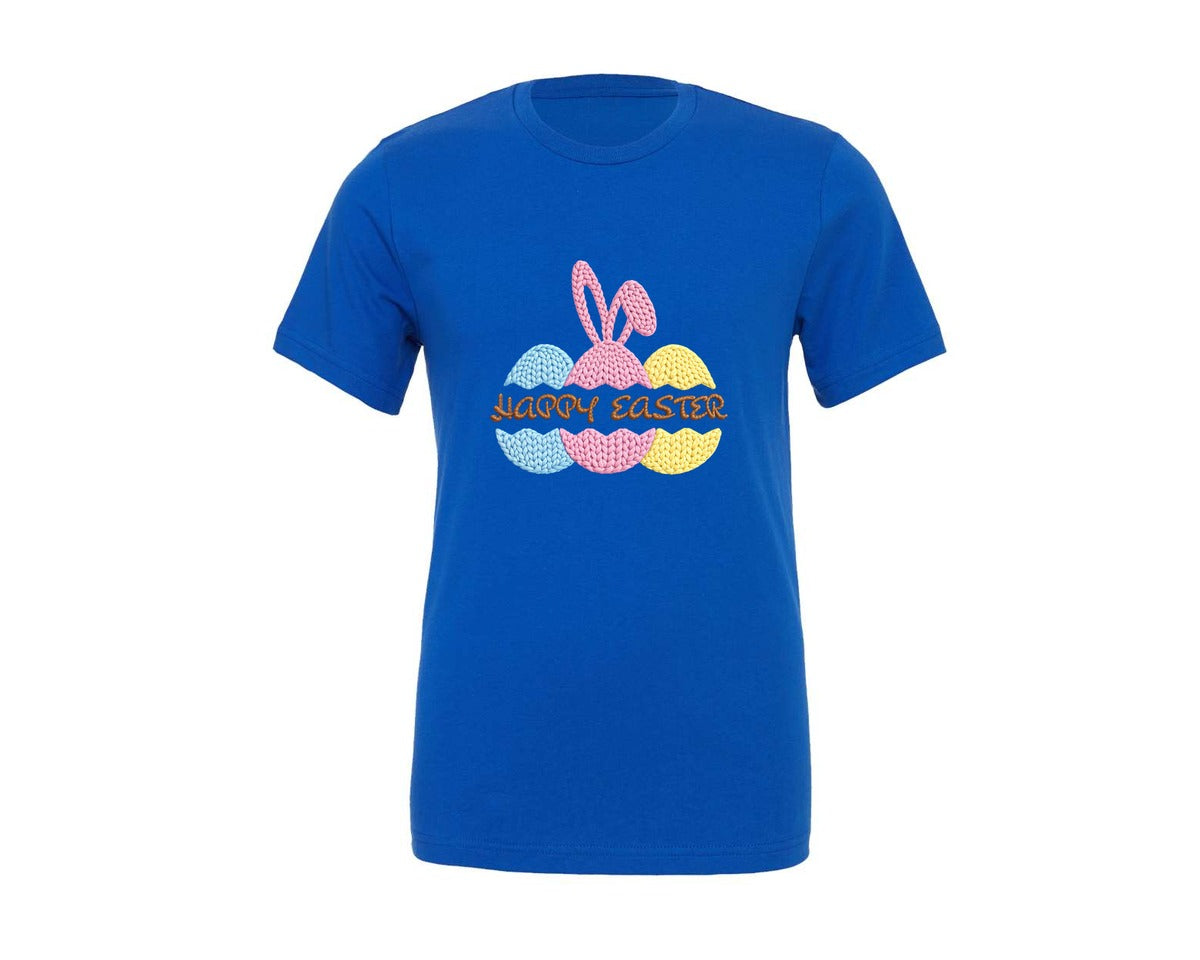 brand:Generic|color:True Royal Blue|Faux Crochet Happy Easter Eggs Graphic T-Shirt