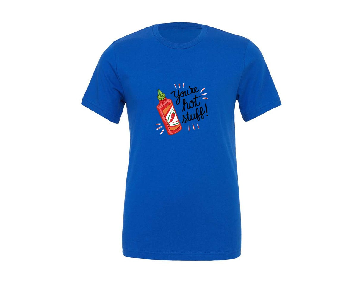 brand:Generic|color:True Royal Blue|Hot Stuff Hot Sauce Valentines Day Graphic T-Shirt