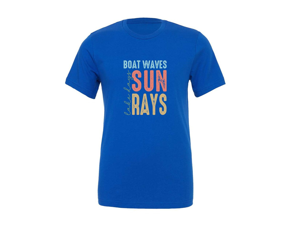 brand:Generic|color:True Royal Blue|Boat Waves Sun Ray Lake Days Summer Graphic T-Shirt