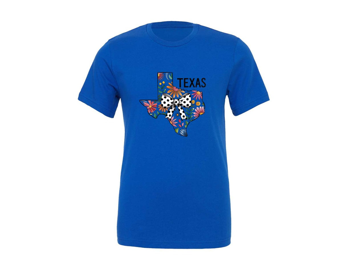 brand:Generic|color:True Royal Blue|Retro Floral Texas Map Polka Dot Bow Graphic T-Shirt