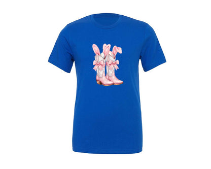 brand:Generic|color:True Royal Blue|Howdy Western Easter Bunny Cowboy Boots Graphic T-Shirt