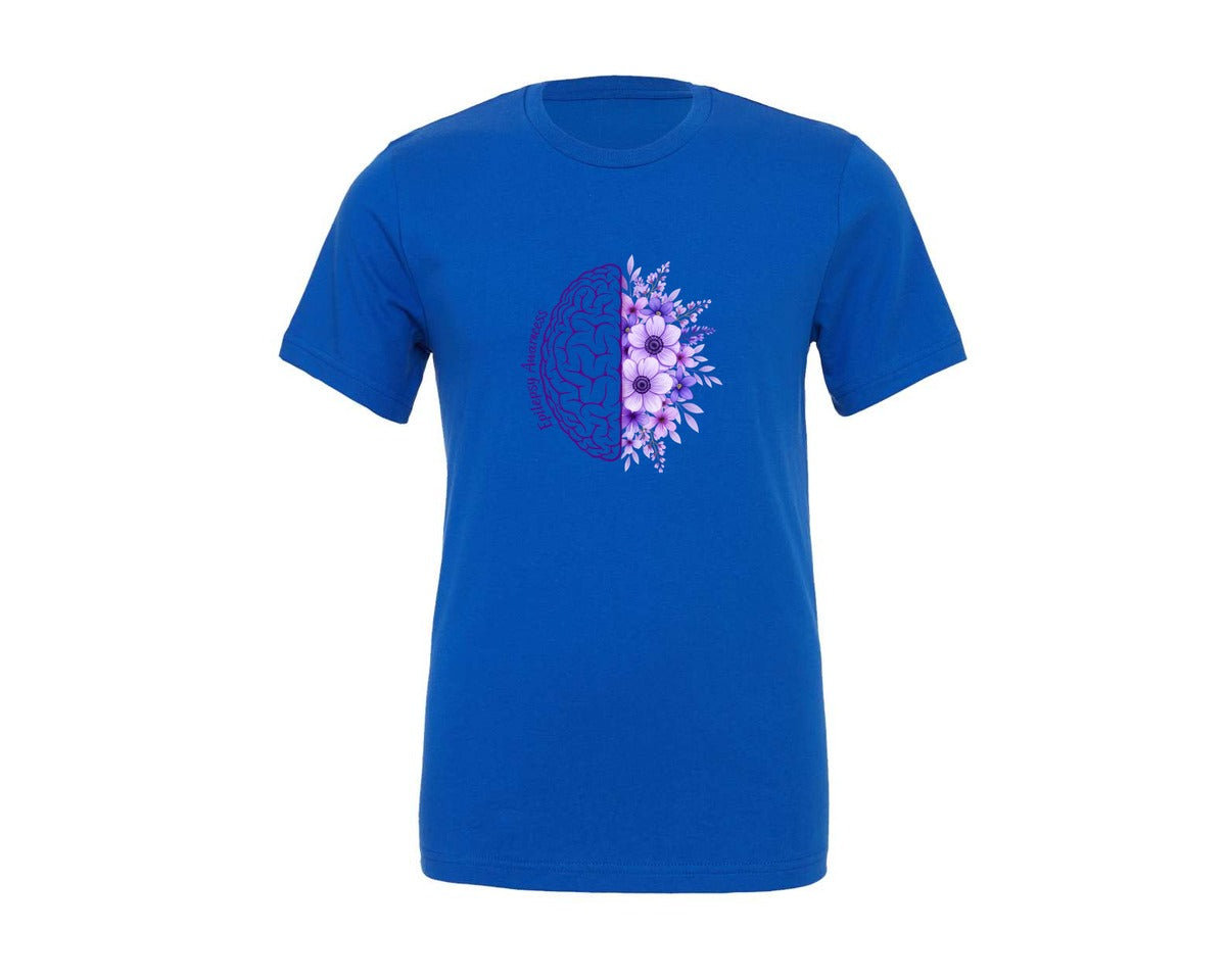 brand:Generic|color:True Royal Blue|Epilepsy Awareness Brain And Flowers Graphic T-Shirt