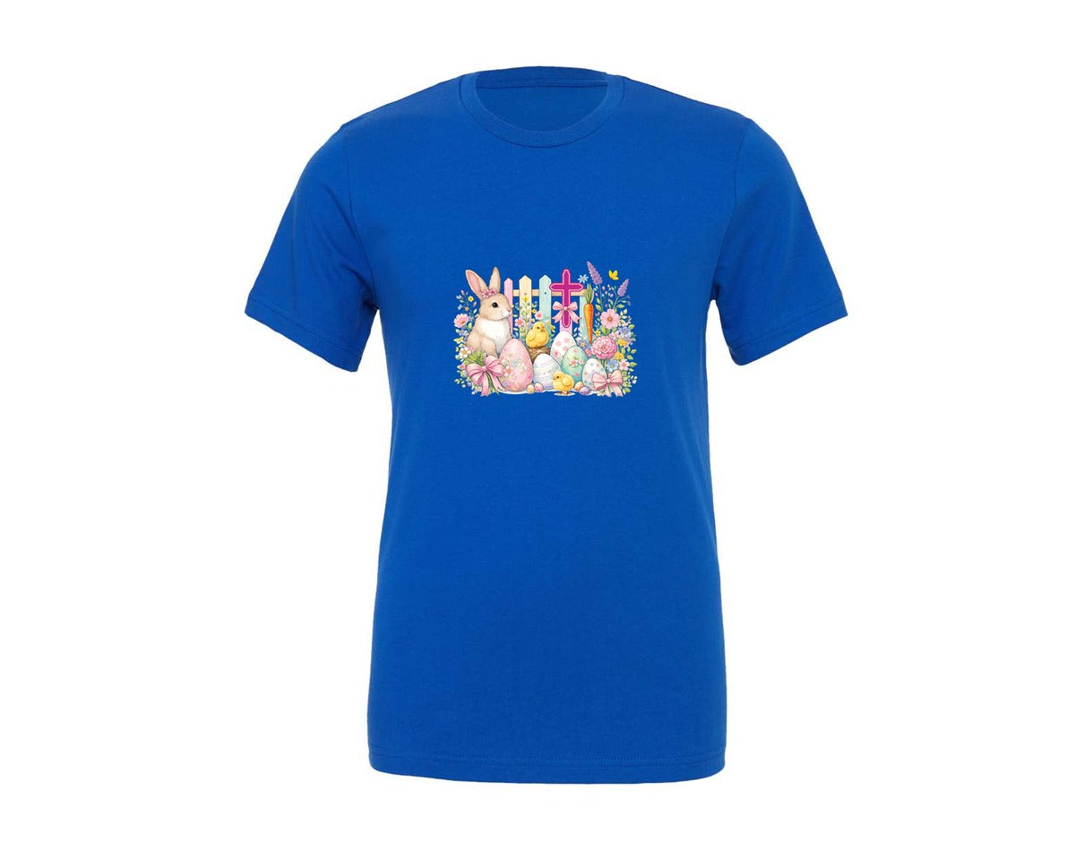 brand:Generic|color:True Royal Blue|Christian Bunny Cross Floral Easter Day Graphic T-Shirt