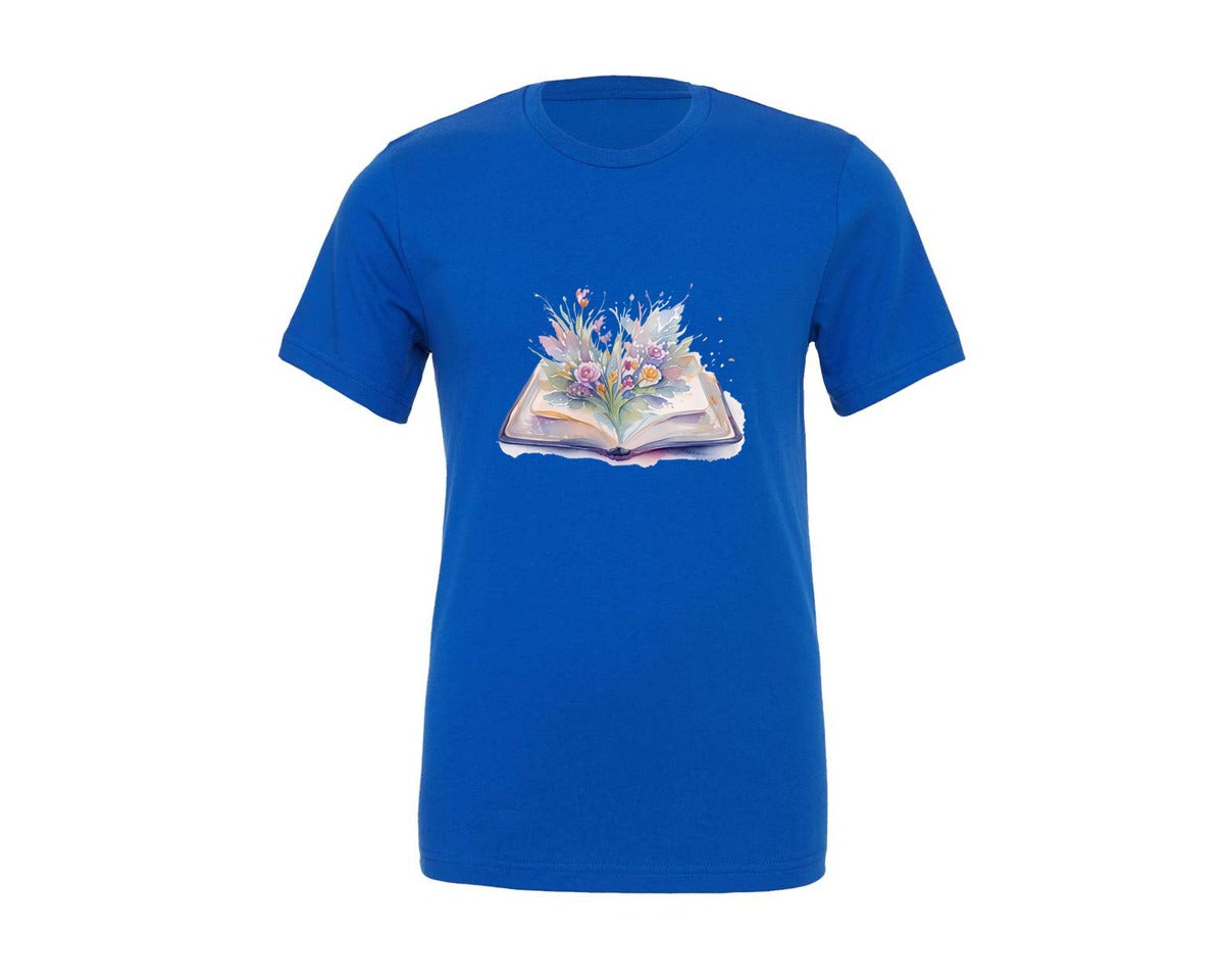 brand:Generic|color:True Royal Blue|Watercolor Open Book With Flowers Graphic T-Shirt