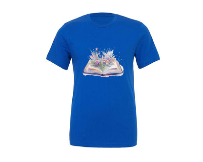 brand:Generic|color:True Royal Blue|Watercolor Open Book With Flowers Graphic T-Shirt