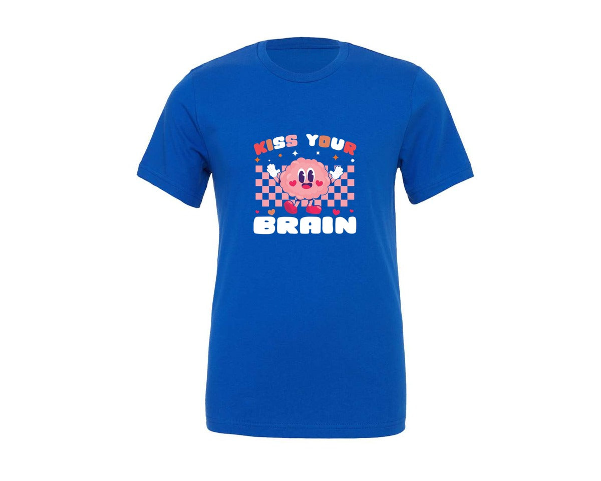 brand:Generic|color:True Royal Blue|Kiss Your Brain Funny Teacher Valentine Graphic T-Shirt