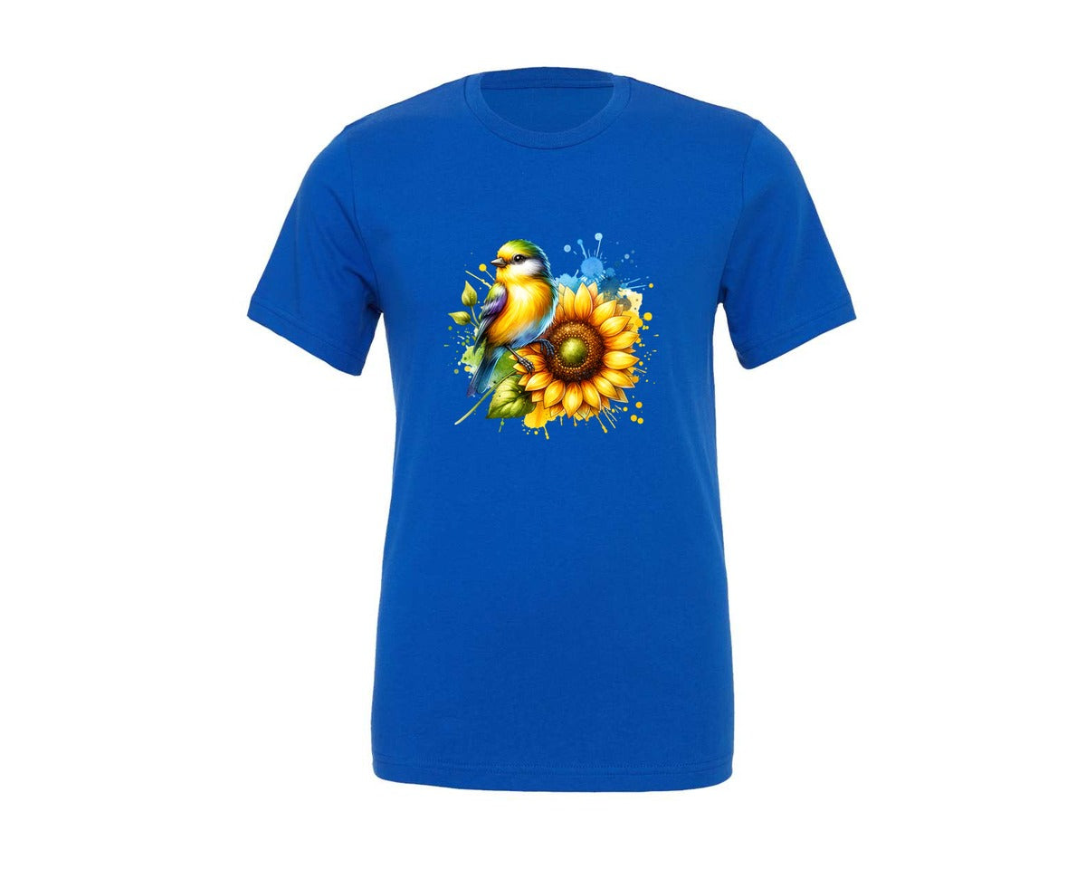 brand:Generic|color:True Royal Blue|Bird Sunflower Flower Graphic T-Shirt