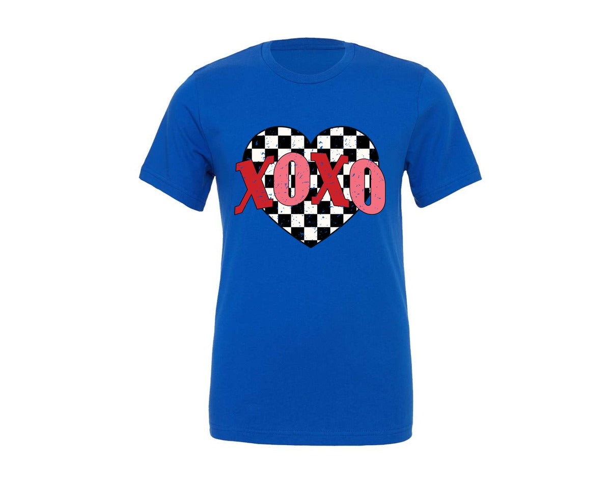 brand:Generic|color:True Royal Blue|Retro Valentine Xoxo Checkered Heart Graphic T-Shirt