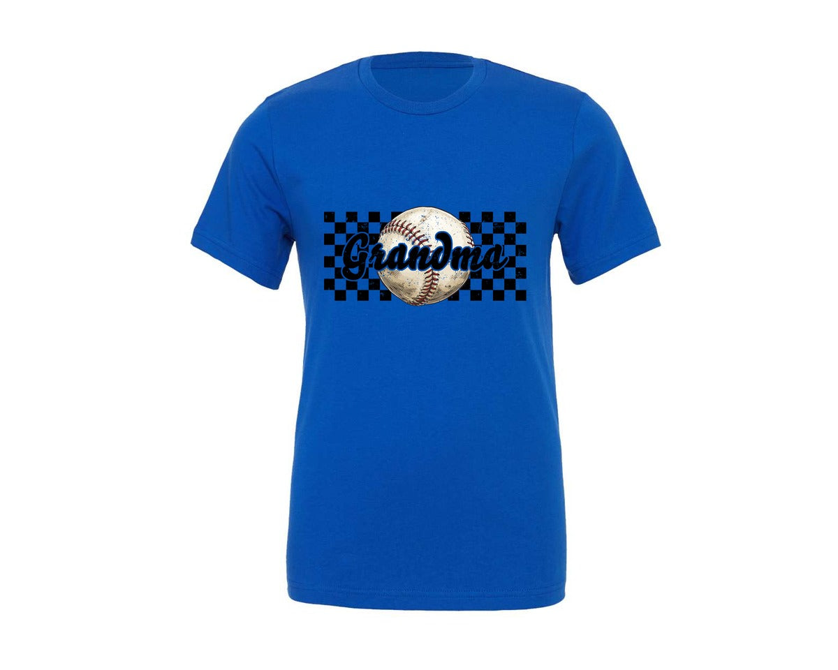 brand:Generic|color:True Royal Blue|Baseball Grandma Checkered Distressed Graphic T-Shirt