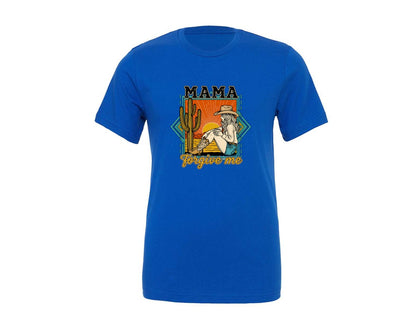 brand:Generic|color:True Royal Blue|Mama Forgive Me Country Cowgirl Graphic T-Shirt