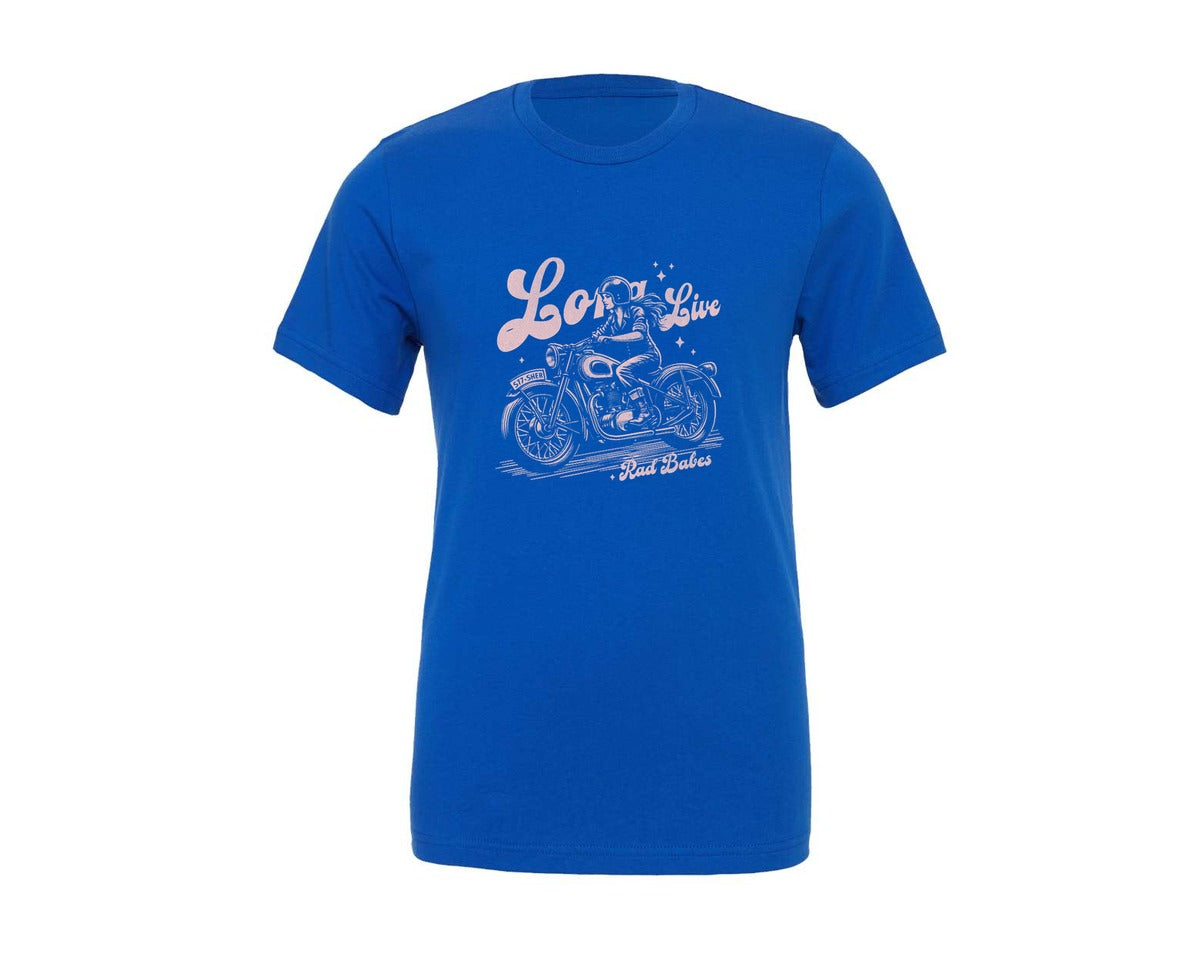 brand:Generic|color:True Royal Blue|Long Live Rad Babes Woman Motorbike Graphic T-Shirt