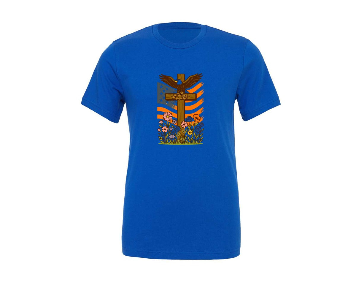 brand:Generic|color:True Royal Blue|Patriotic Faith Eagle Cross Graphic T-Shirt