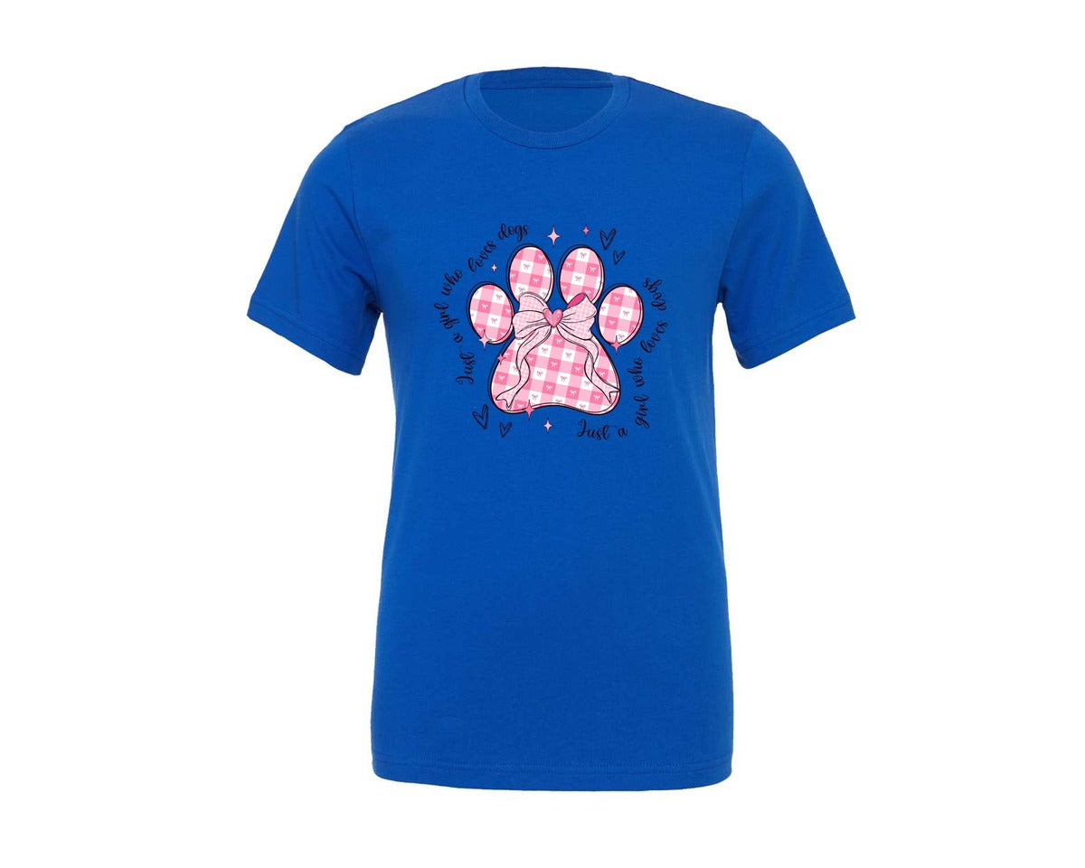 brand:Generic|color:True Royal Blue|Just A Girl Who Loves Dogs Pink Paw Graphic T-Shirt