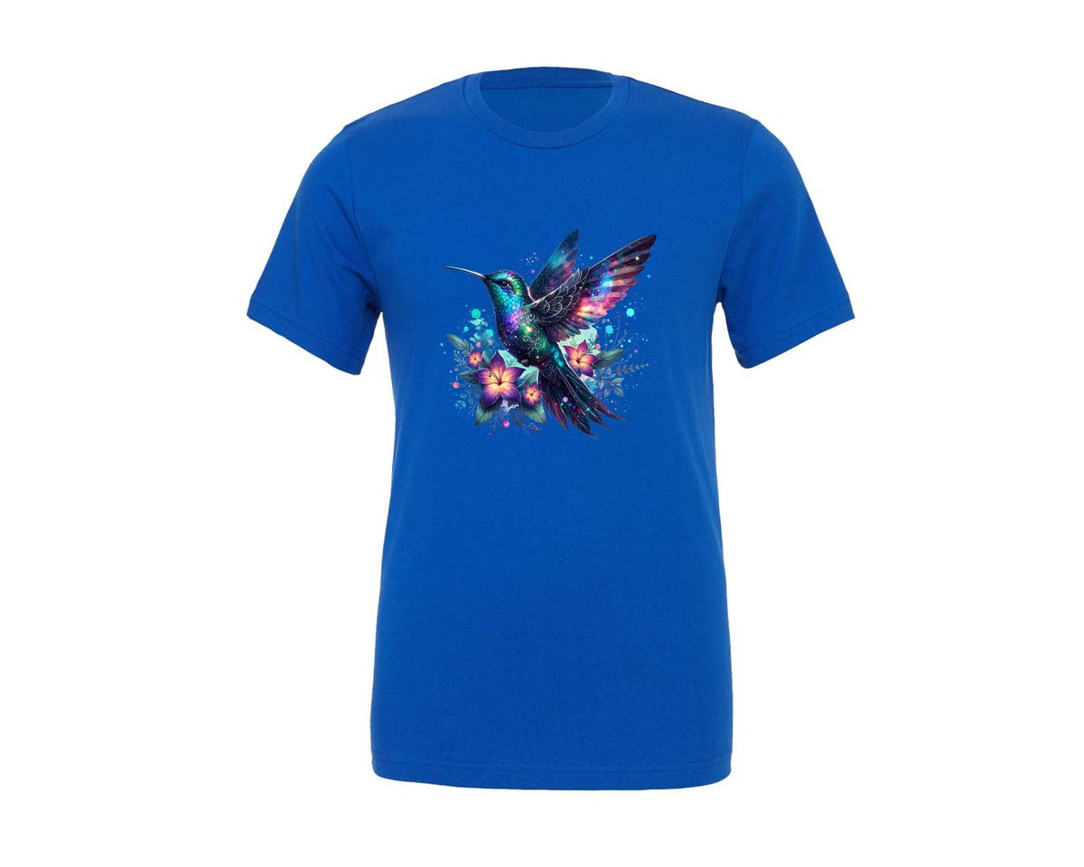 brand:Generic|color:True Royal Blue|Iridescent Galaxy Hummingbird Flower Graphic T-Shirt