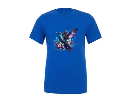 brand:Generic|color:True Royal Blue|Iridescent Galaxy Hummingbird Flower Graphic T-Shirt
