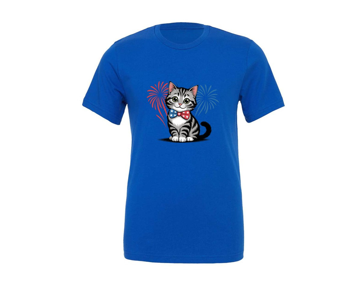 brand:Generic|color:True Royal Blue|Patriotic Cat Bow Tie Fireworks 2 Graphic T-Shirt