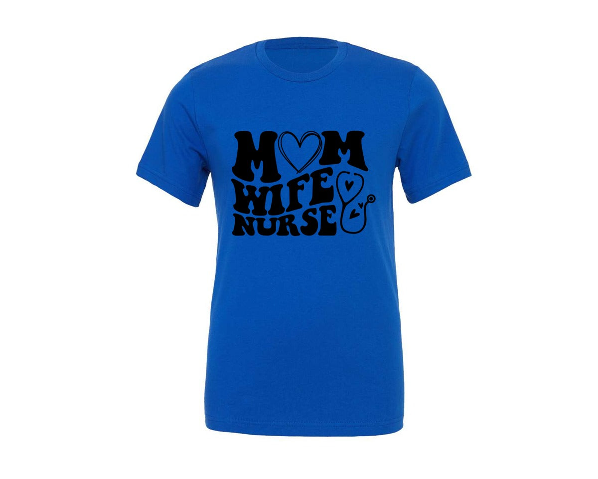 brand:Generic|color:True Royal Blue|Mom Wife Nurse Wavy Graphic T-Shirt