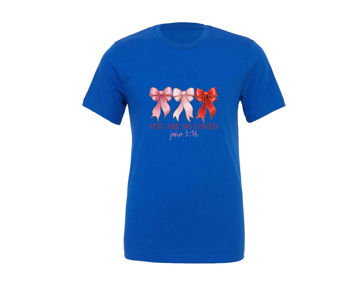 brand:Generic|color:True Royal Blue|You Are So Loved Pink Bow Christian Graphic T-Shirt