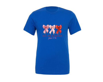 brand:Generic|color:True Royal Blue|You Are So Loved Pink Bow Christian Graphic T-Shirt
