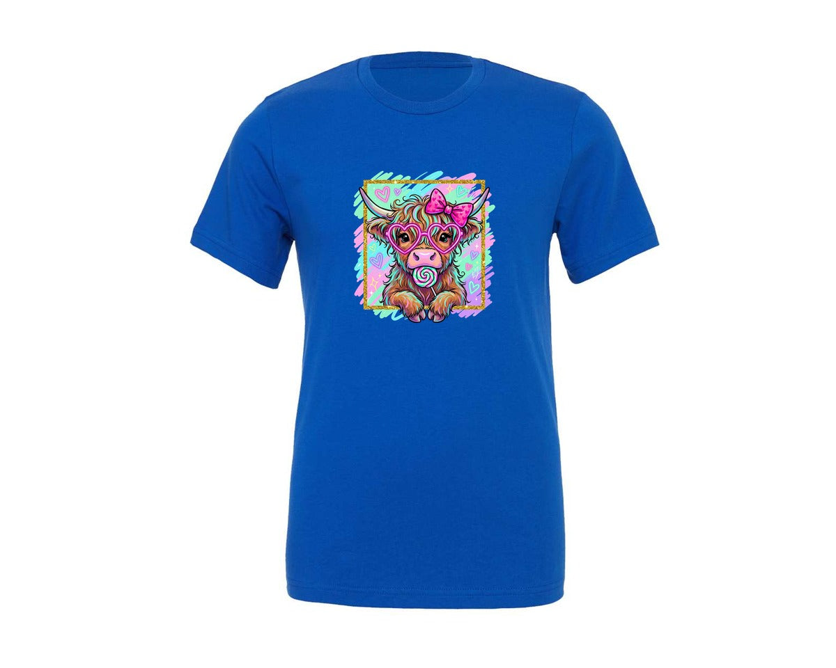 brand:Generic|color:True Royal Blue|Pastel Highland Cow Heart Glasses Graphic T-Shirt