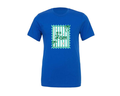 brand:Generic|color:True Royal Blue|He Is Risen Postage Stamp Christian 2 Graphic T-Shirt