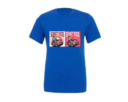 brand:Generic|color:True Royal Blue|Sunset Rides Cowgirl Vintage Truck Graphic T-Shirt