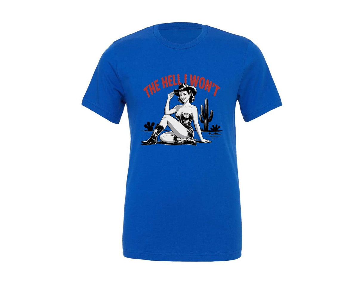 brand:Generic|color:True Royal Blue|Vintage Cowgirl Western Pin Up Graphic T-Shirt