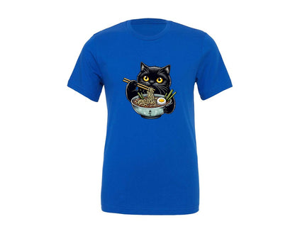 brand:Generic|color:True Royal Blue|Cute Black Cat Eating Ramen Noodle Graphic T-Shirt