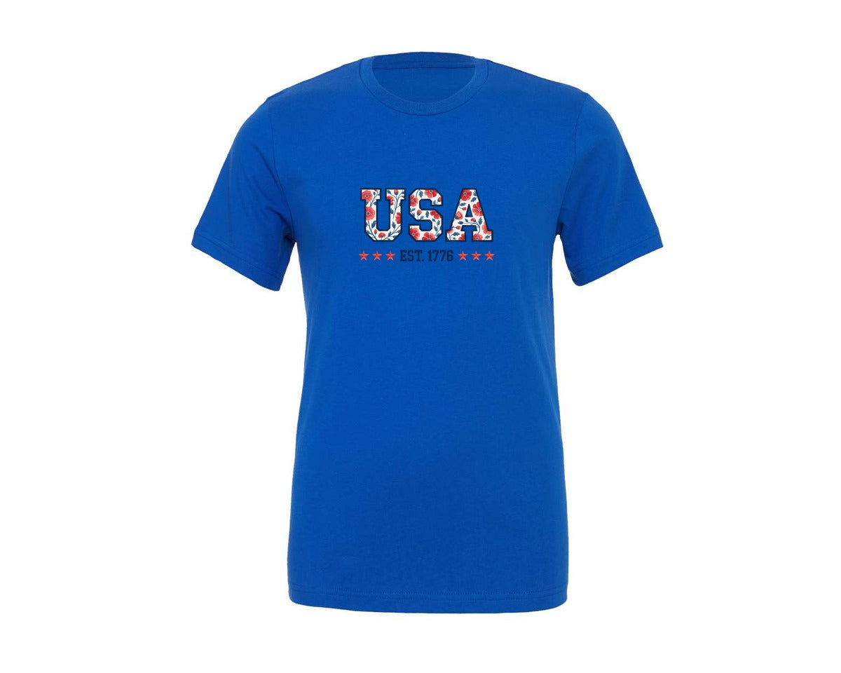 brand:Generic|color:True Royal Blue|Watercolor Floral Usa 4Th Of July Shirt Graphic T-Shirt