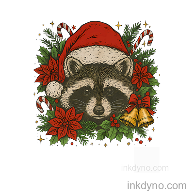 Festive Raccoon In Christmas Hat And Decor — DTF Transfer