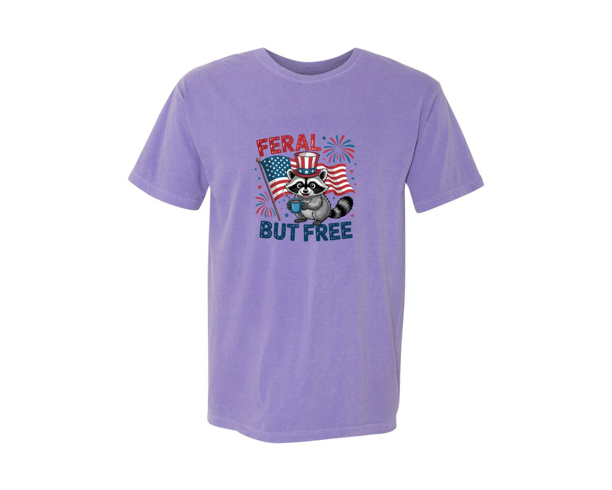 brand:Comfort Colors|color:Violet|Feral But Free Raccoon 4Th Of July 5 Graphic T-Shirt
