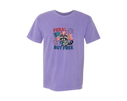 brand:Comfort Colors|color:Violet|Feral But Free Raccoon 4Th Of July 5 Graphic T-Shirt