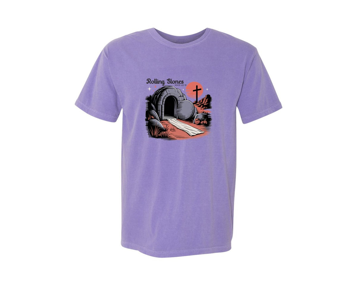 brand:Comfort Colors|color:Violet|He Is Risen Religious Stone Graphic T-Shirt