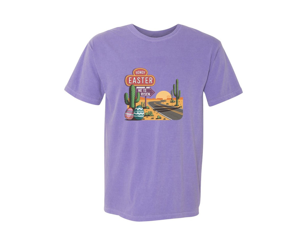 brand:Comfort Colors|color:Violet|Howdy Easter Western Desert Easter 3 Graphic T-Shirt