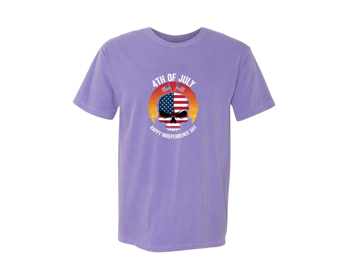 brand:Comfort Colors|color:Violet|4Th Of July American Skull Sunset Indepe Graphic T-Shirt