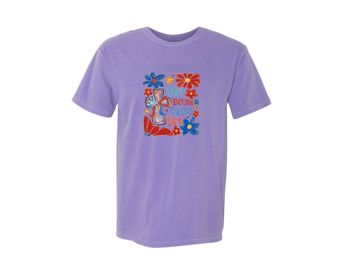 brand:Comfort Colors|color:Violet|Christian 4Th Of July Cross 2 Graphic T-Shirt