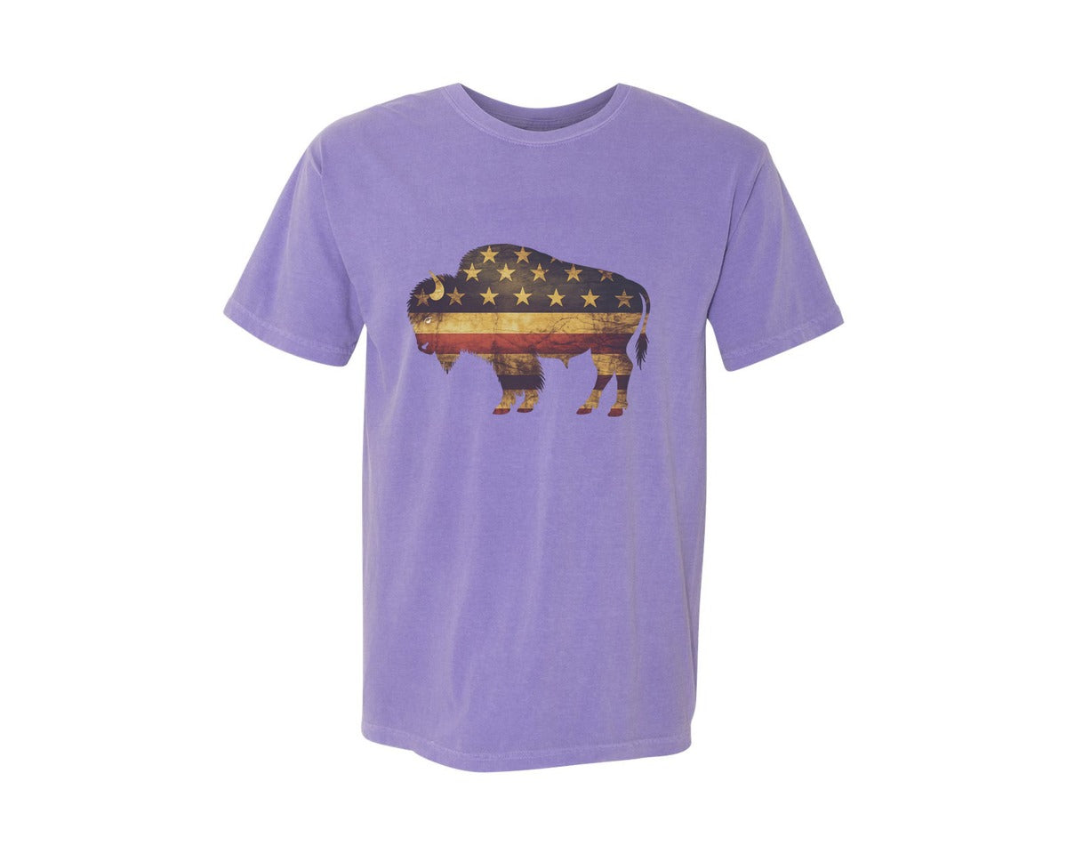 brand:Comfort Colors|color:Violet|American Bison Patriotic Usa Flag 4 Graphic T-Shirt