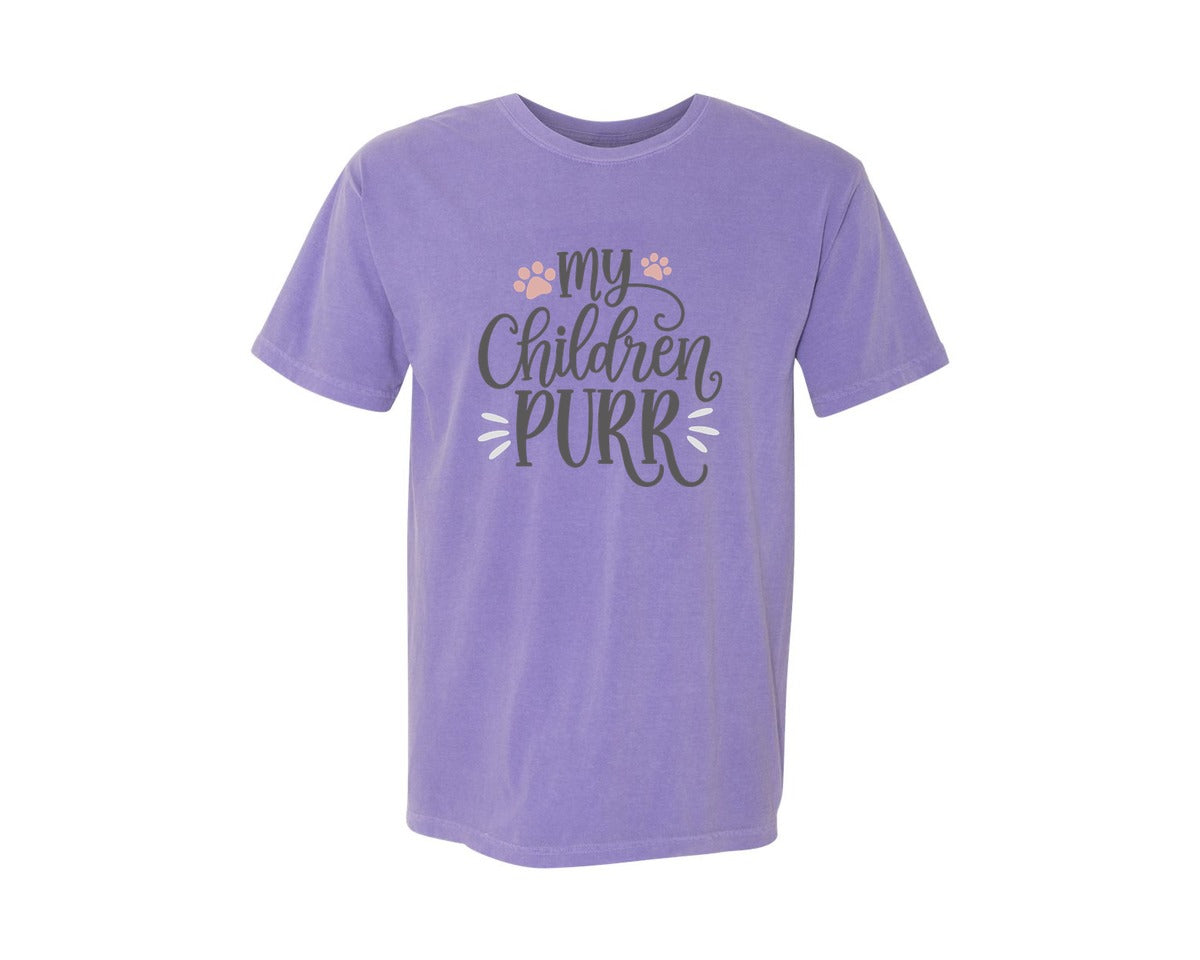 brand:Comfort Colors|color:Violet|My Children Purr Cute Cat Quote Graphic T-Shirt