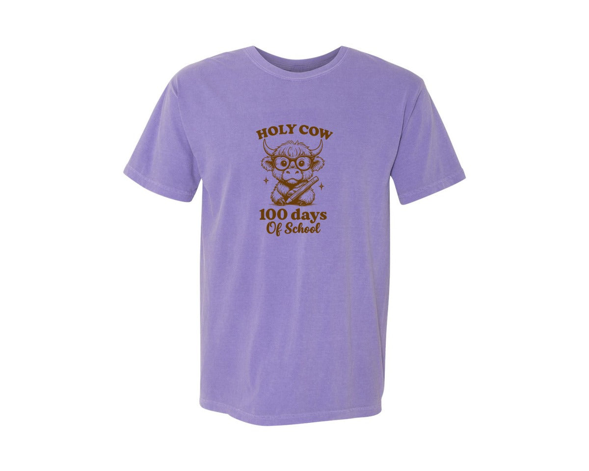 brand:Comfort Colors|color:Violet|Holy Cow 100 Days Of School Graphic T-Shirt