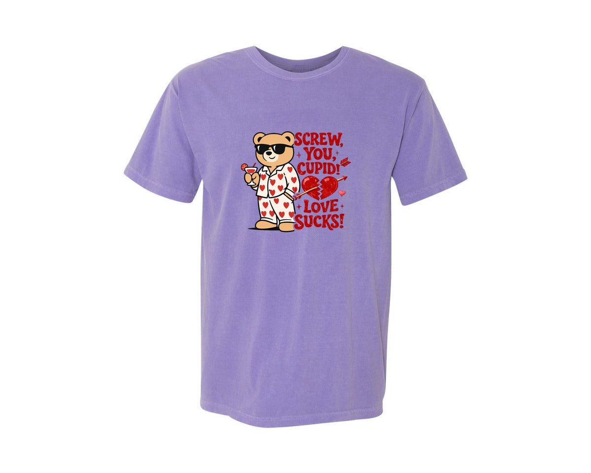 brand:Comfort Colors|color:Violet|Screw You Cupid Anti Valentine Bear Graphic T-Shirt