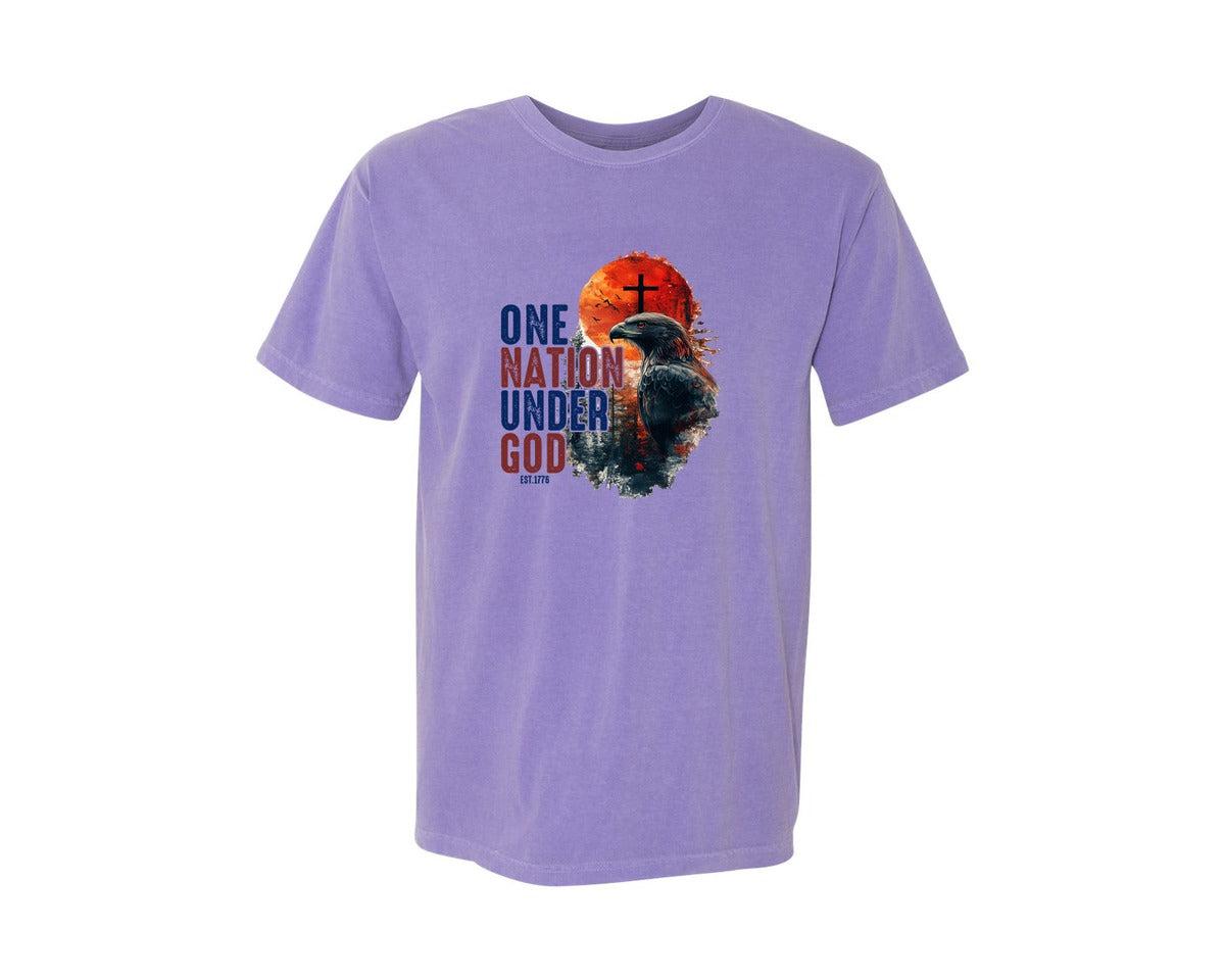 brand:Comfort Colors|color:Violet|One Nation Under God 4Th Of July 2 Graphic T-Shirt