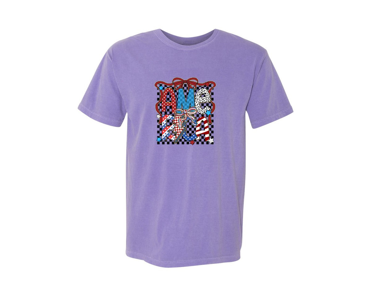 brand:Comfort Colors|color:Violet|Coquette America Checkered 4Th July 2 Graphic T-Shirt